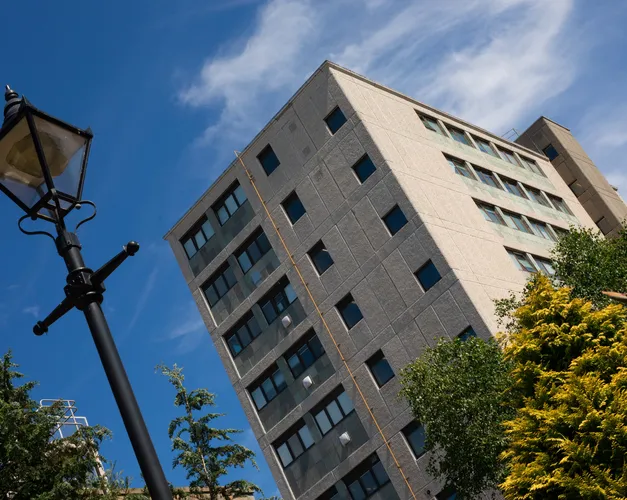The School of Dentistry building against a blue sky. A Victorian-style street light is in the foreground.