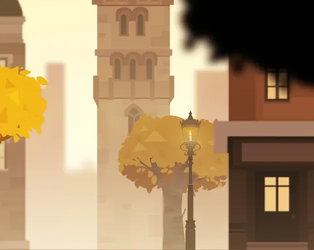 computer drawing of a tall square tower with a tree and vintage lamppost in front of it