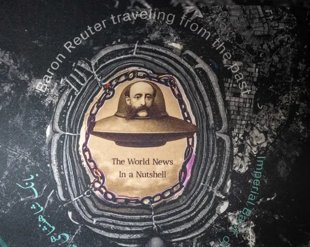 Artists' image. Close up of 'Baron Reuter Travelling from the Past' his 19th C portrait atop a drawing of a ufo. Saving world news in a nutshell