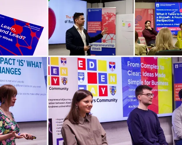 A collage of six images: five showing people standing and presenting for Enterprise Challenge, one showing a flyer for Enterprise challenge.