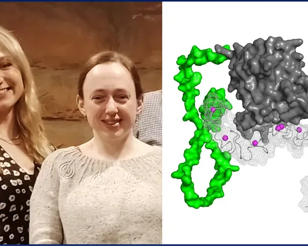 Two photos side by side. One the left a photo of Teresa Leão (left)  and Anna Trenaman (right) and second photo is a model of ZNK1.