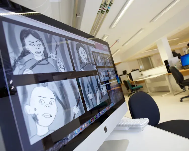 Computer in a lab showing animation on screen