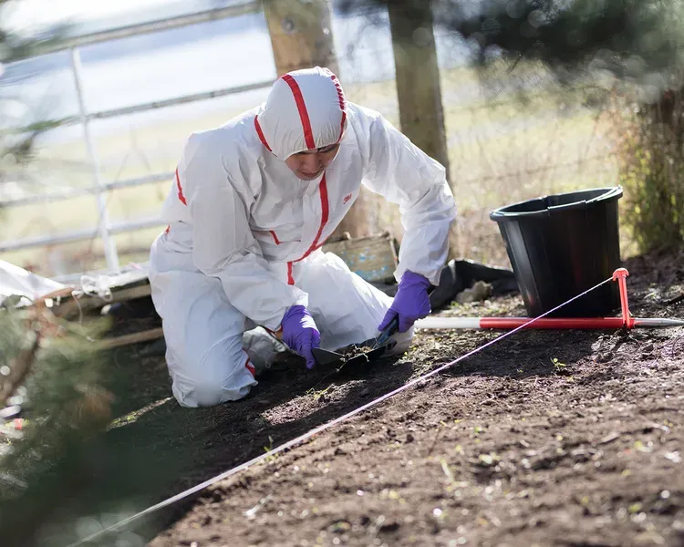 a person in a forensic suit looking for evidence in a field