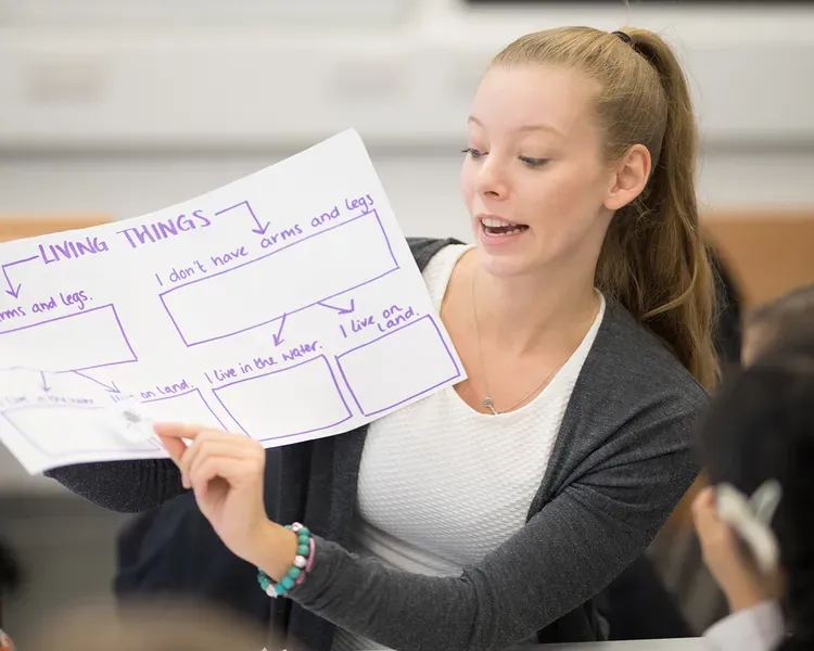 A teacher showing students a flowchart about identifying creatures