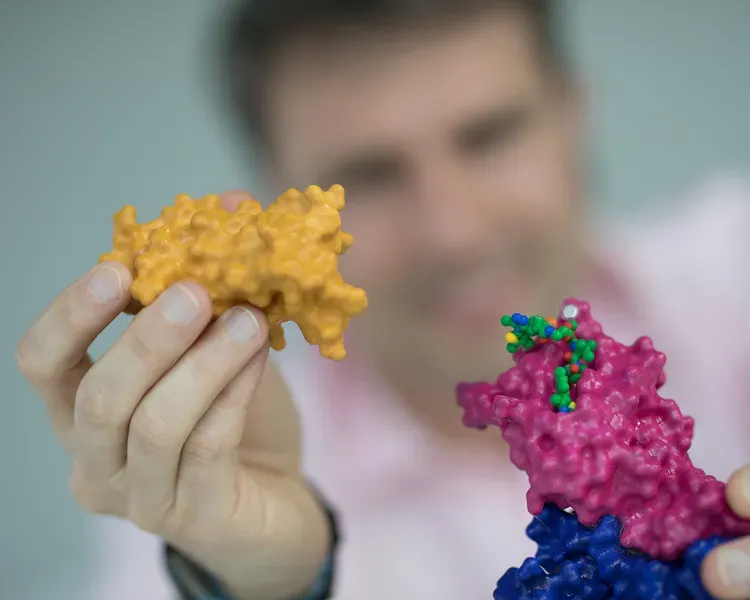 man, blurry, holding a model, in focus