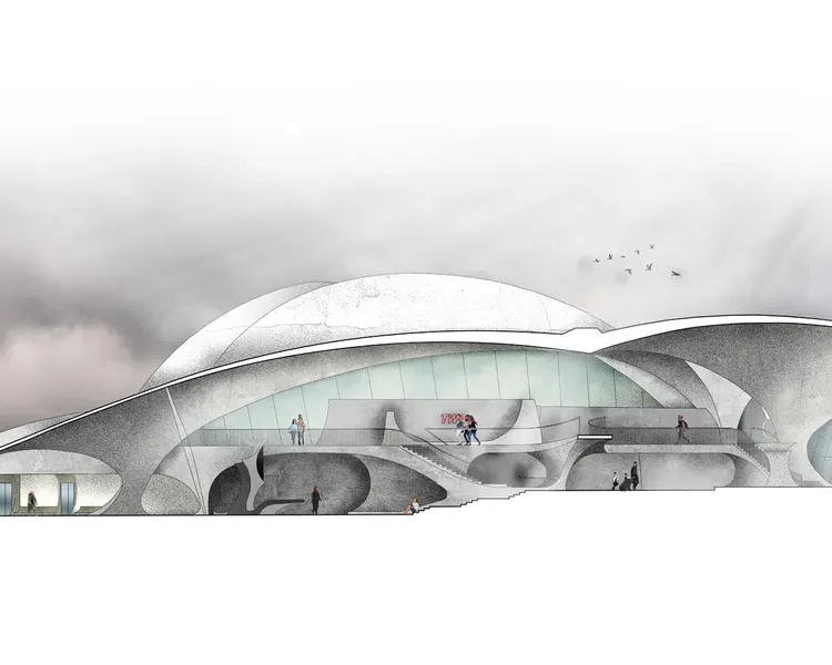 black and white futuristic looking building