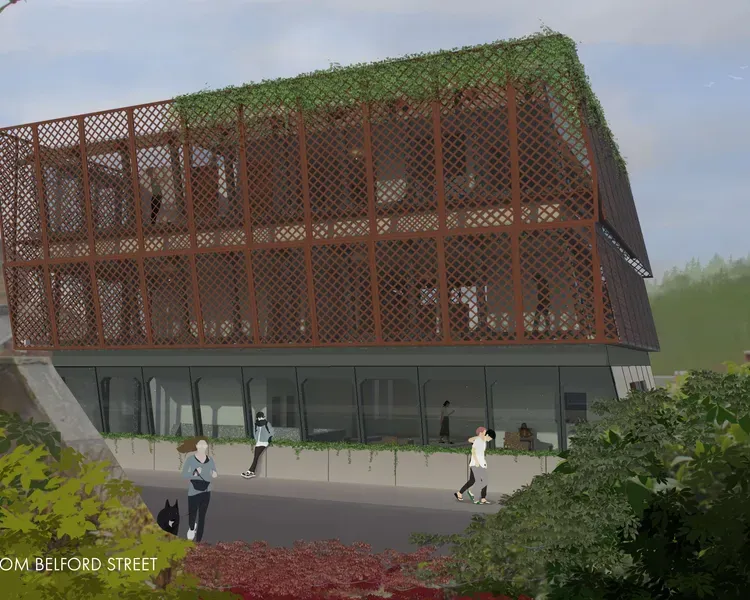 3d image of building surrounded by mesh