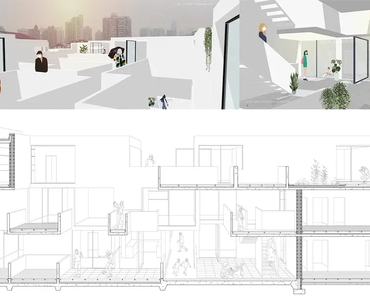 An image showing examples of living spaces. A roof top with people walking, a hallway with stairs and people using it, a cross section of the interior of the building.