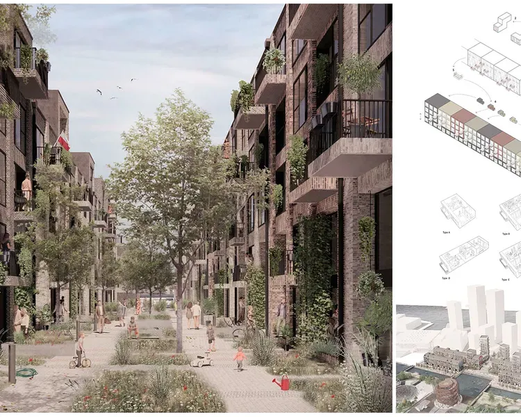 an image of a street with trees and children playing between two buildings