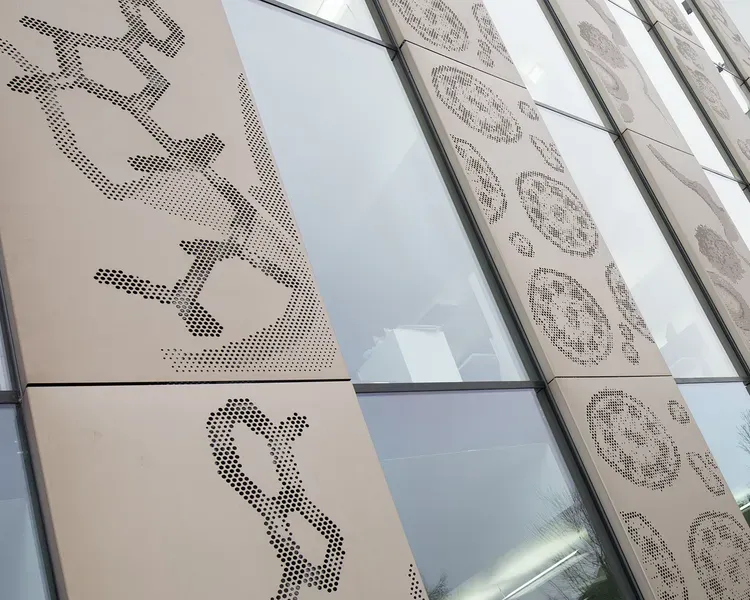 photograph of the side of the Discovery Building featuring the Scales of Life art collaboration