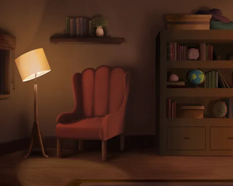 chair in an old fashioned room with a lamp nearby