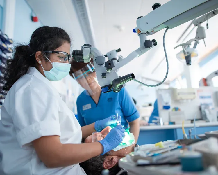 Dental nurse and dentist working with a patient