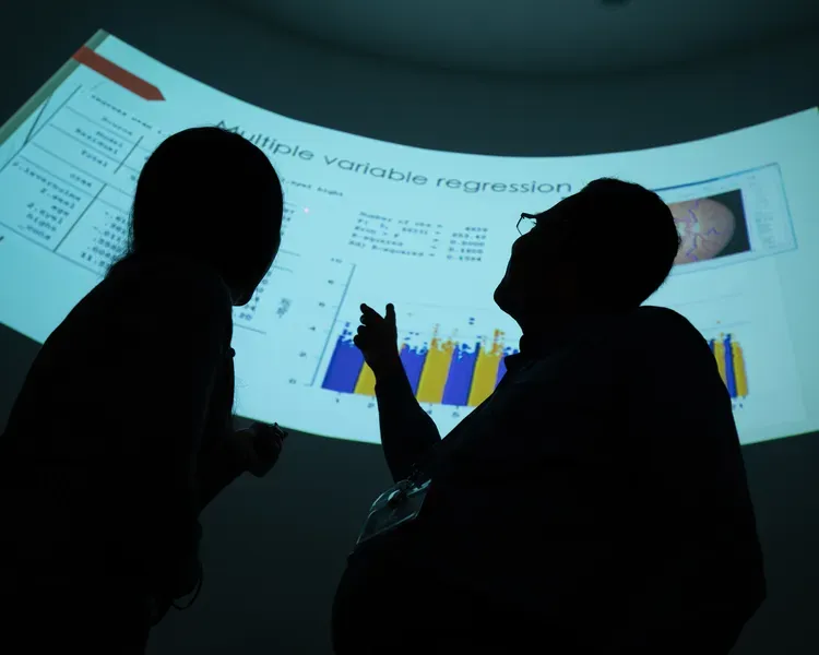 two people in shadow pointing at a large projected computer screen with a graph on it