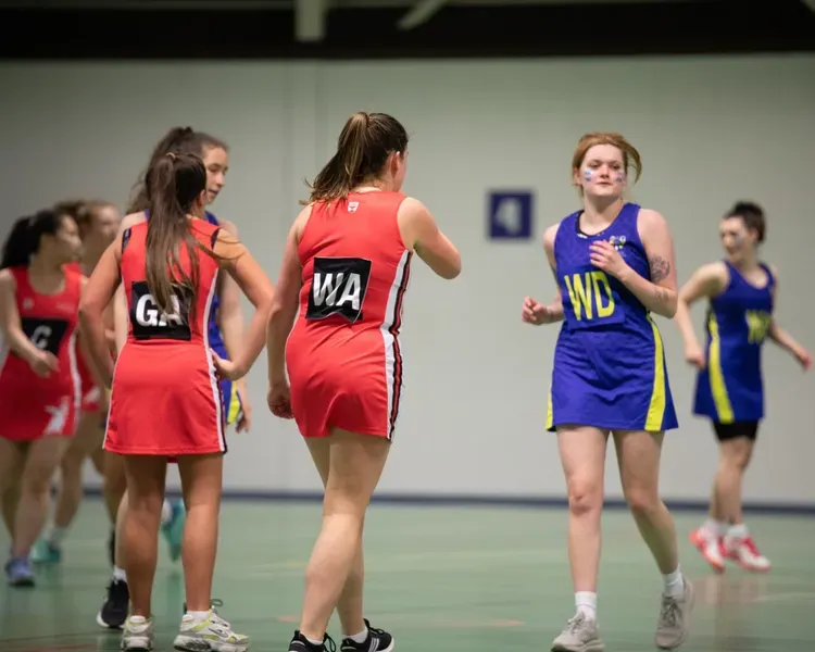 students playing netball, one team in red and one in blue
