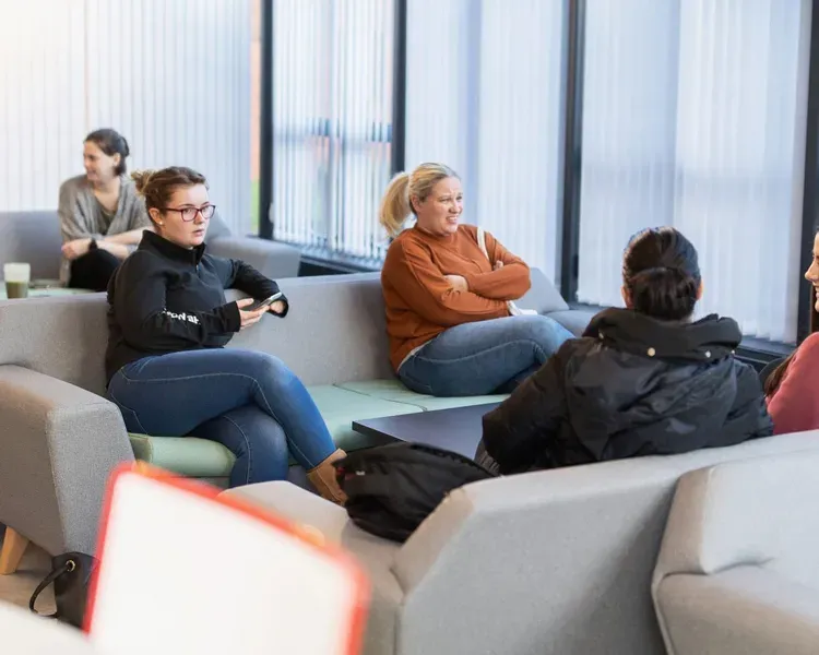 students sitting on sofas by glass window