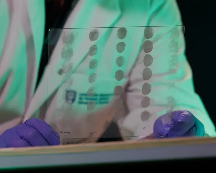 A man wearing a lab coat and gloves holds a glass plate with a range of fingermarks recorded on top.
