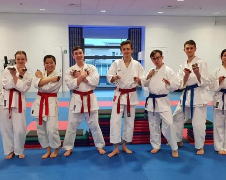 Students from the Karate Club standing in a row with their hands crossed over their chests