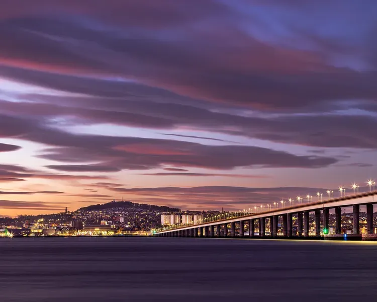 Sunset over Dundee looking over the River Tay towards the Tay Road Bridge