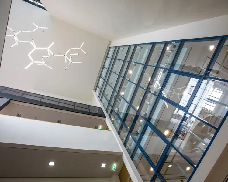 Life sciences building , looking up at windows from bottom floor 