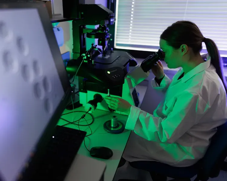 A person looking through a microscope