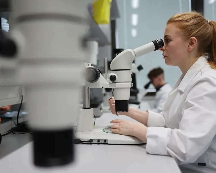 A person sitting in a lab looking through a micrscope