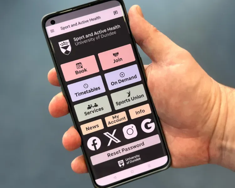 Sport and Active Health app home screen, displayed on a smart phone which is held by a hand.