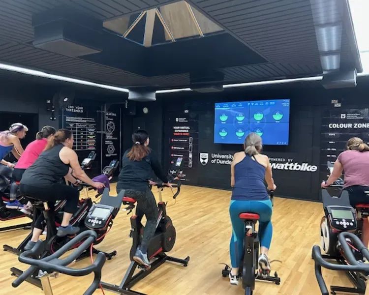 A group of people are on exercise bikes facing a large screen on a wall.