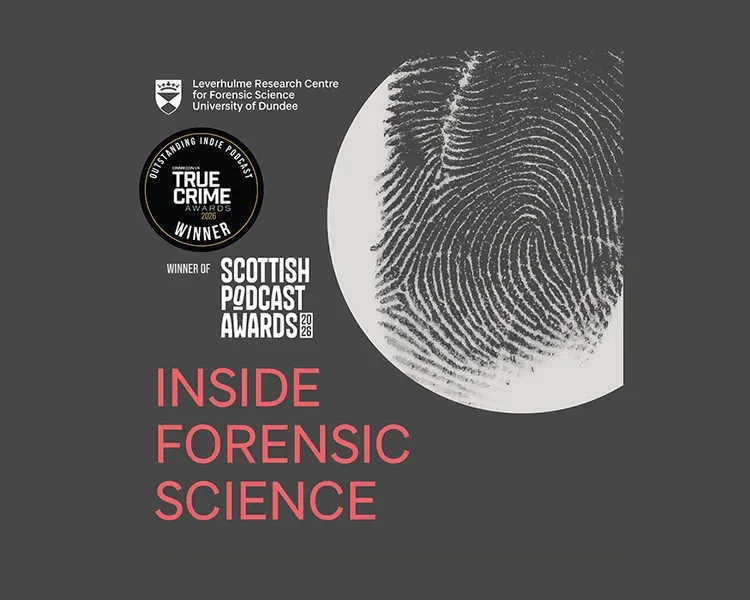 Inside Forensic Science banner with an award logo for Outstanding Indie Podcast and a large finger print