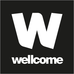Black background with a large letter W and the word wellcome underneath it.