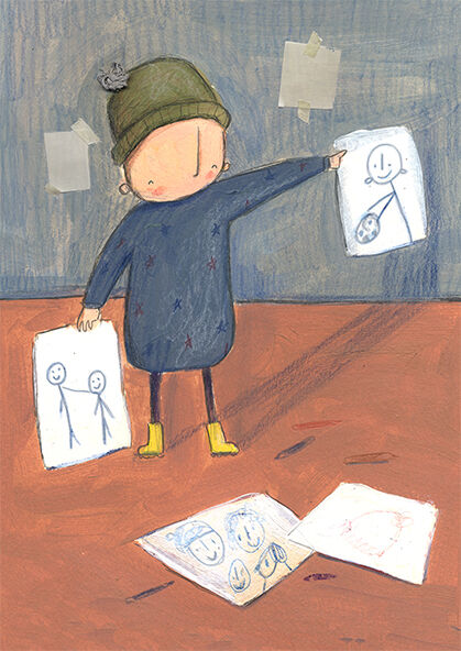 an illustration of a child wearing a bobble hat and holding drawings of stick figures