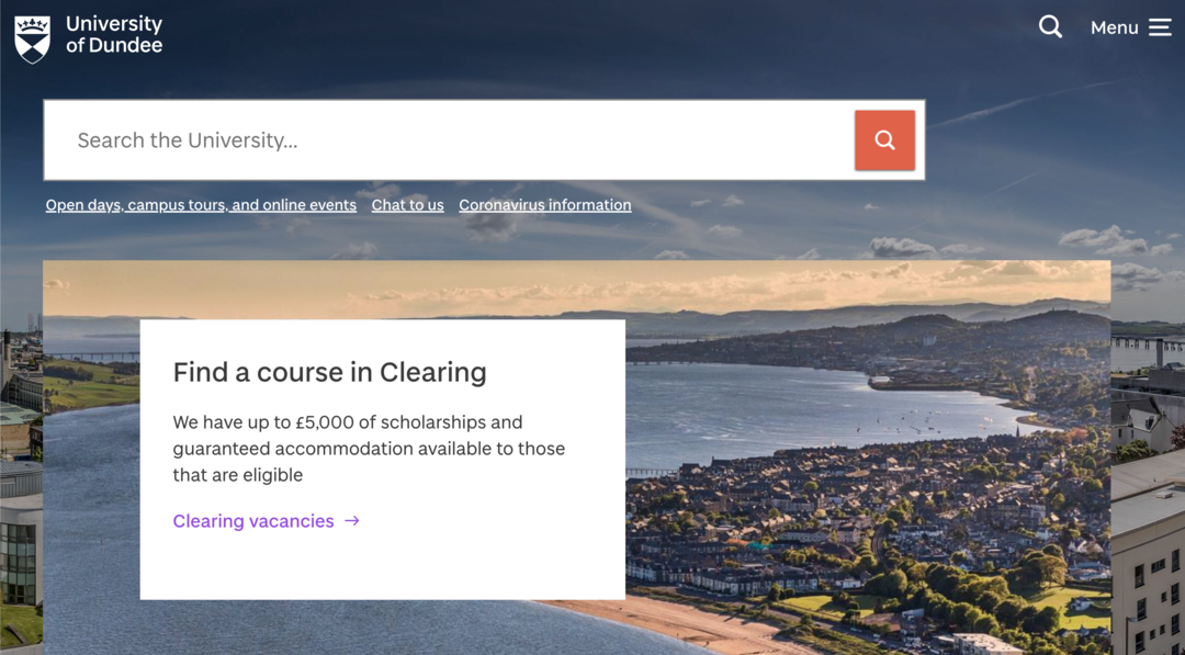 Screenshot of the university website showing background images that do not require alternative text