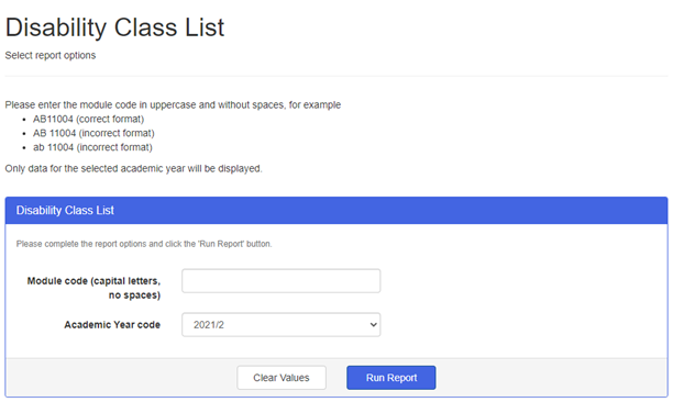 Screenshot to show a report being run by module code - this is entered in the 'Module Code' field
