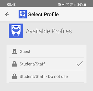 A window showing the profile options with Student/Staff selected