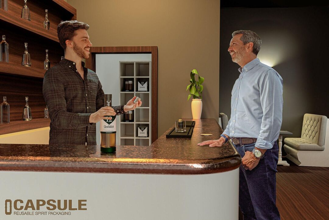 Composite photo showing Lewis using his product design bottle design at a "bar!