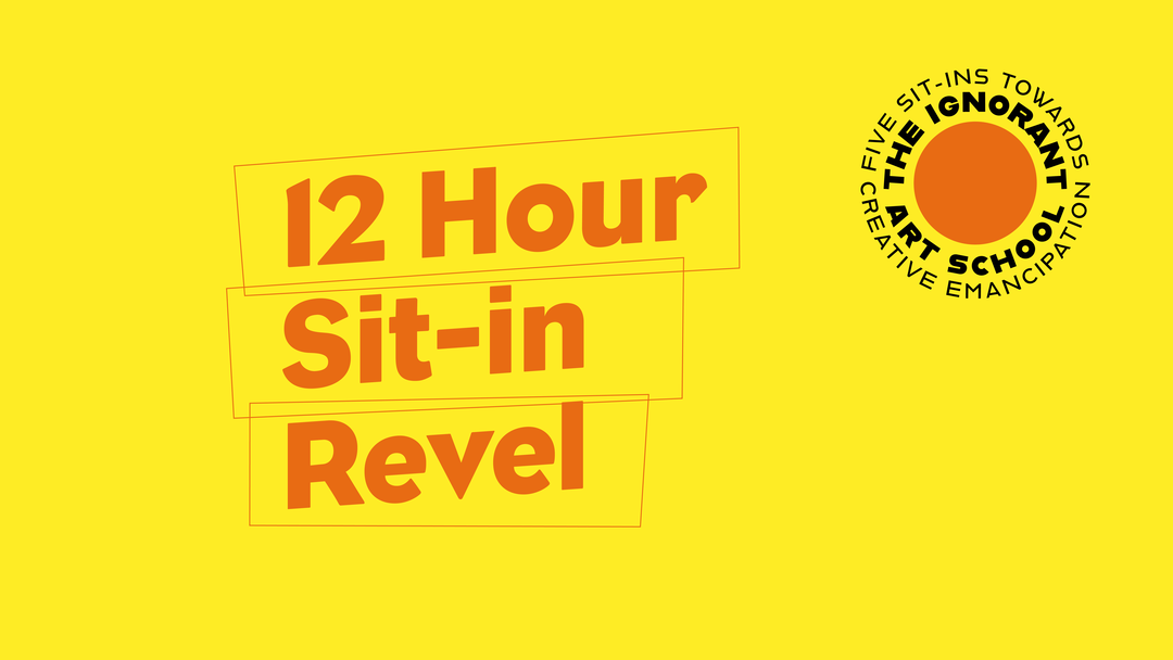 Yellow and orange title slide. 12 Hour Sit-in Revel