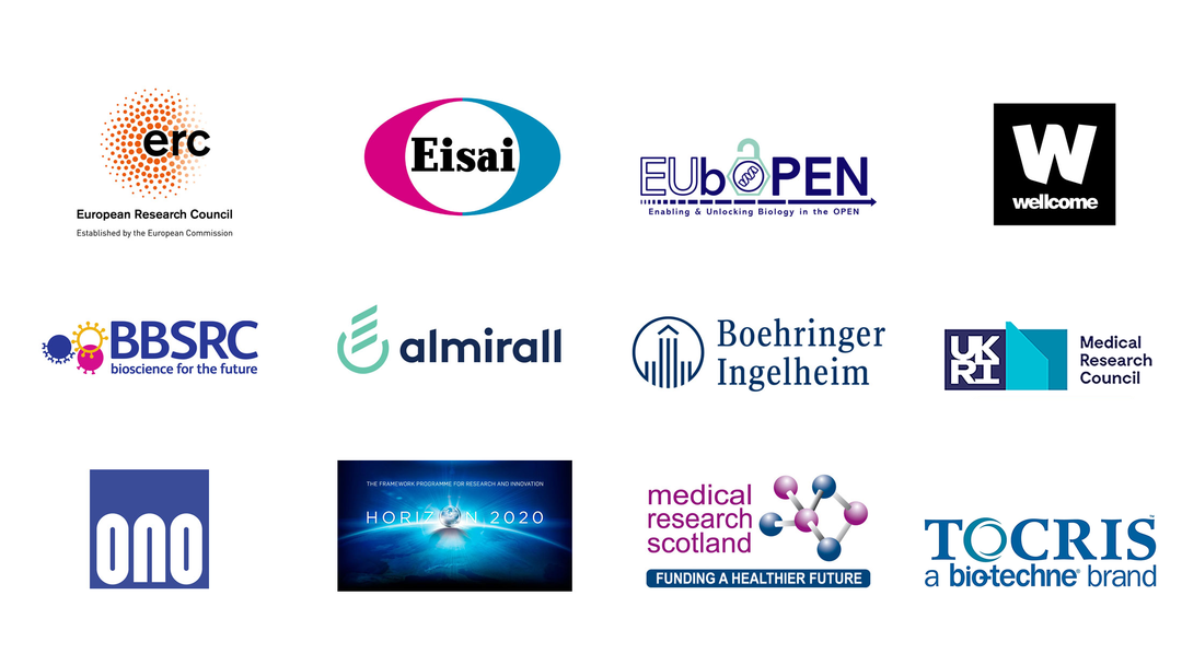 Funder logos from ERC, Eisai, EUbOPEN, wellcome, BBSRC, almirall, Boehringer Ingelheim, MRC, ONOI, Horizon 2020, Medical Research Scotland, TOCRIS