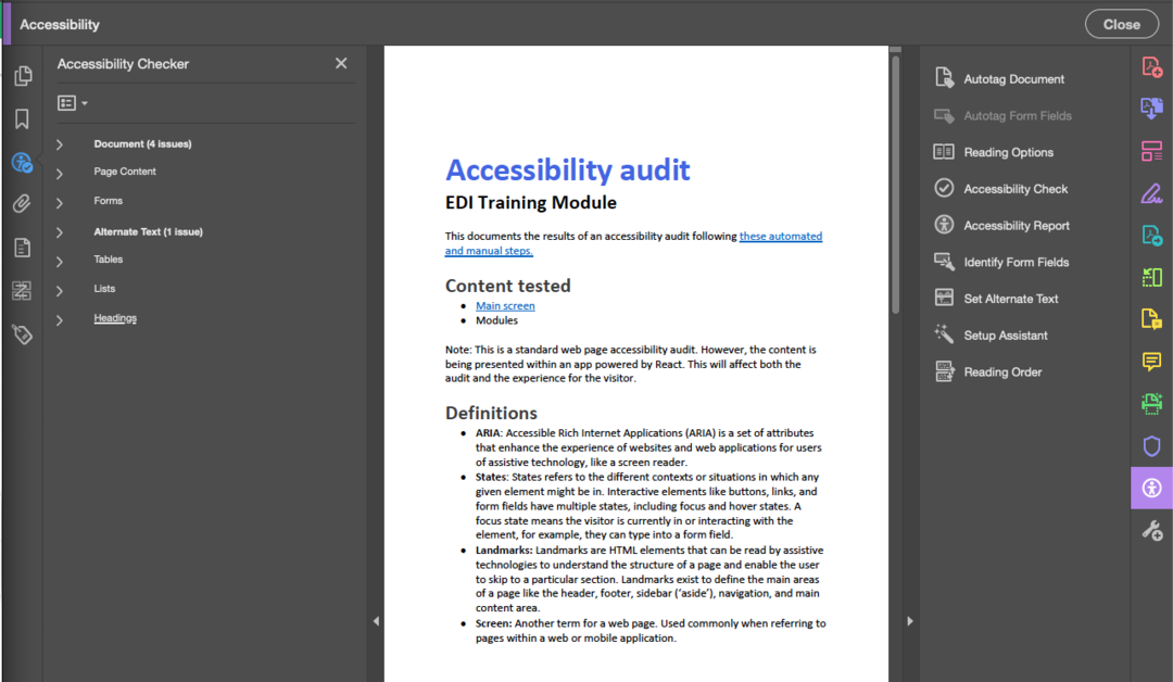 Results of an accessibility check in Adobe Acrobat