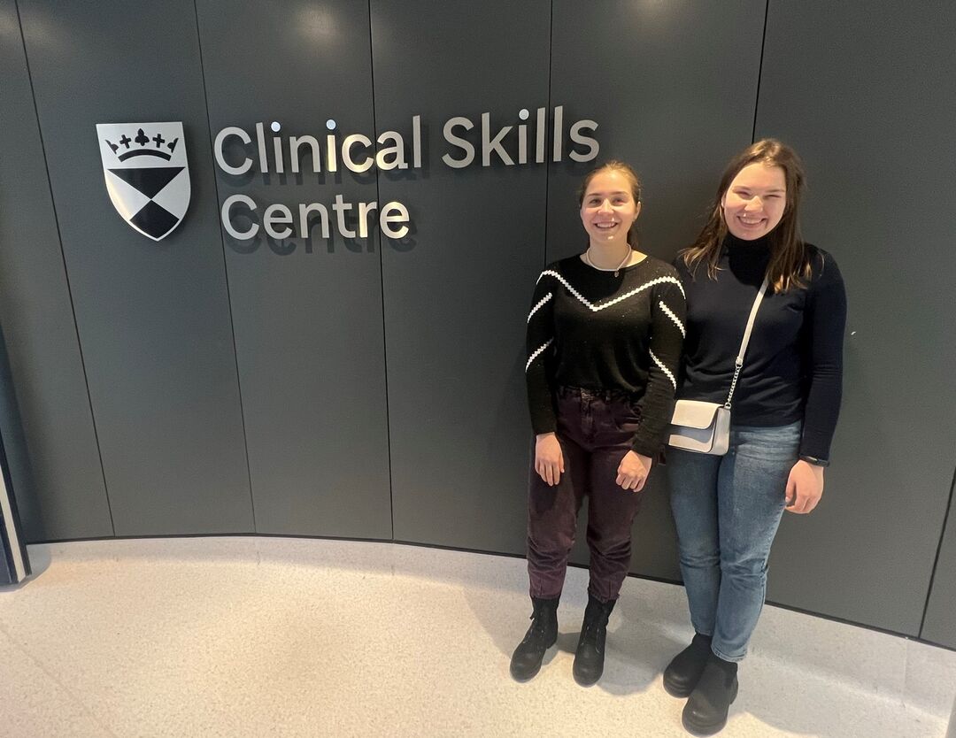 Photograph of Victoriia and Olesia in the University of Dundee Clinical Skills Centre
