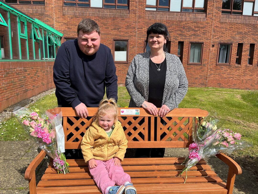 Jordan, Tracy and Abbie on Shannon's memorial bench in Kirkcaldy