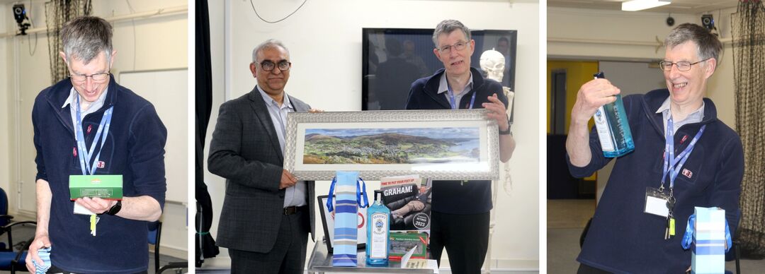 Left to Right: A specialised electronic train locomotive, Professor Arpit Jariwala presents Graham with a framed print of Ambleside, a favourite place of Graham’s, and a personalised bottle of his favourite gin.