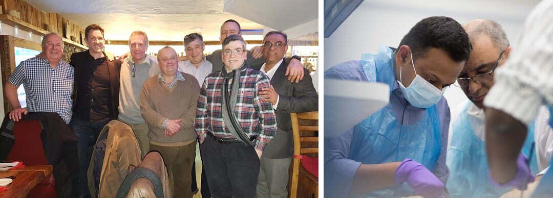 Left: Mr Jariwala with his fellow orthopaedic consultants in 2016, Mr Gillies Avison, Mr Dave Nicoll, Mr Ben Clift, the late Professor David Rowley, Mr Manhal Nassif, Mr Gavin Love, Mr Sankar Sripada; Right: teaching on the MCh (Orth) Dundee programme.