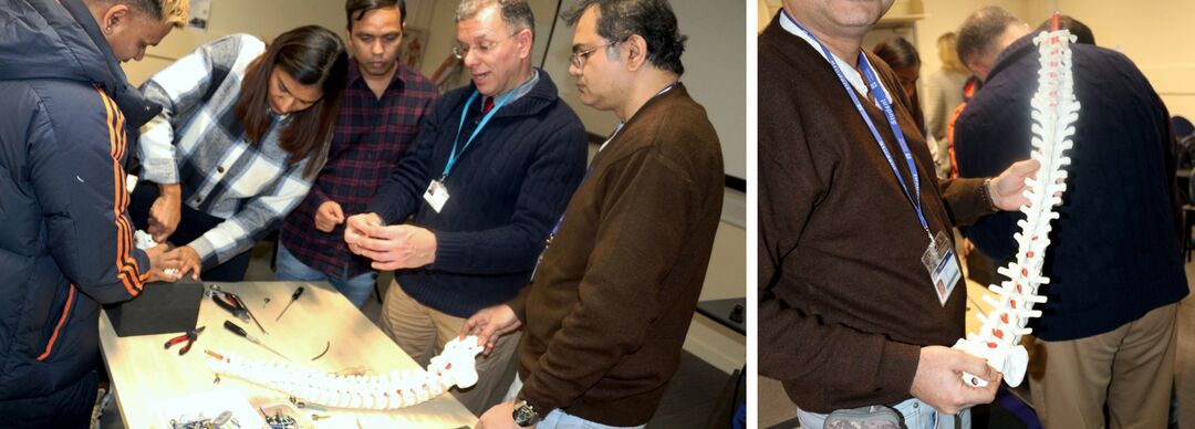 Six students looking at a spinal bones. 