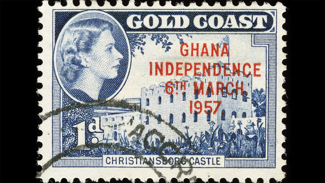 A postage stamp Gold Coast Ghana Independence 6th March 1957 with a profile of Queen Elizabeth II