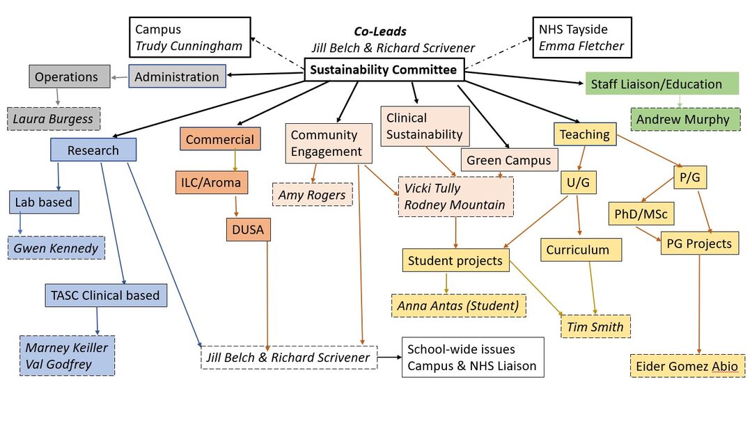 Flowchart detailing the organisational structure of the School of Medicine's Sustainability efforts. See names below.