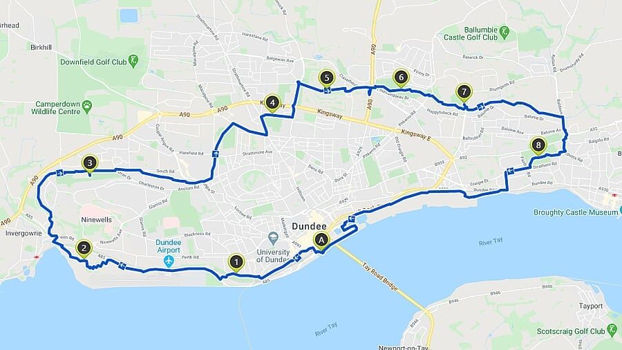 Map showing bike path round Dundee