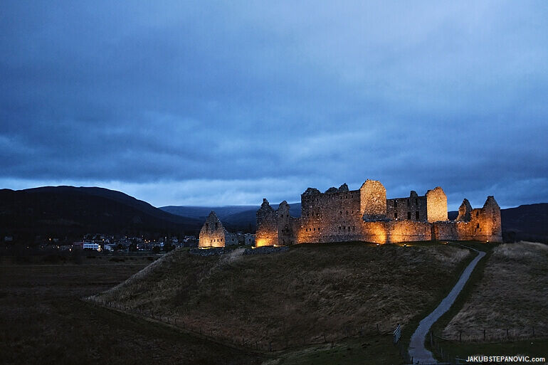 historic barracks lit up at night