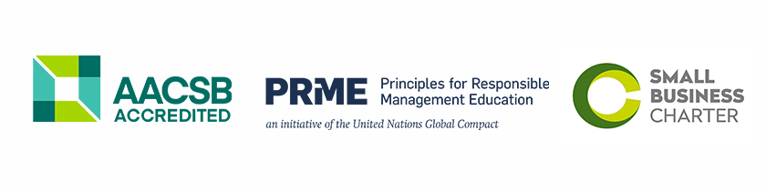 Logos for AACSB, PRME, and Small Business Charter
