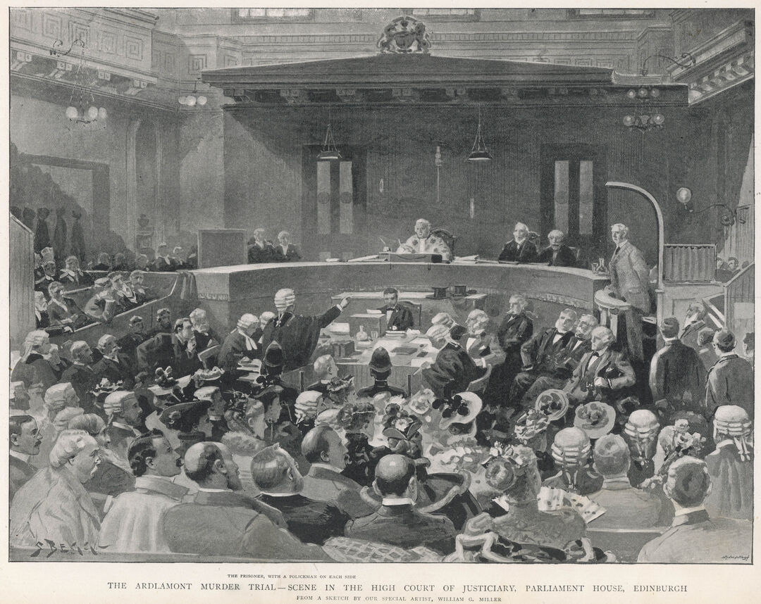 old newspaper photograph of courtroom with lots and lots of people sitting facing a judge who is sat on a bench much higher