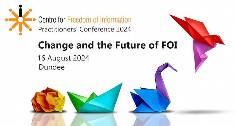 Centre for Freedom of Information conference poster: Four pieces of colourful paper show the different stages of making an origami bird, which is flying away as the last piece.