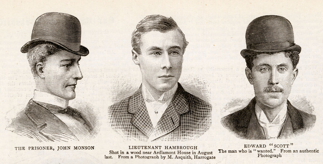 Black and white sketch of John Monson, Lieutenant Hambrough and Edward "Scott" from the Illustrated London News